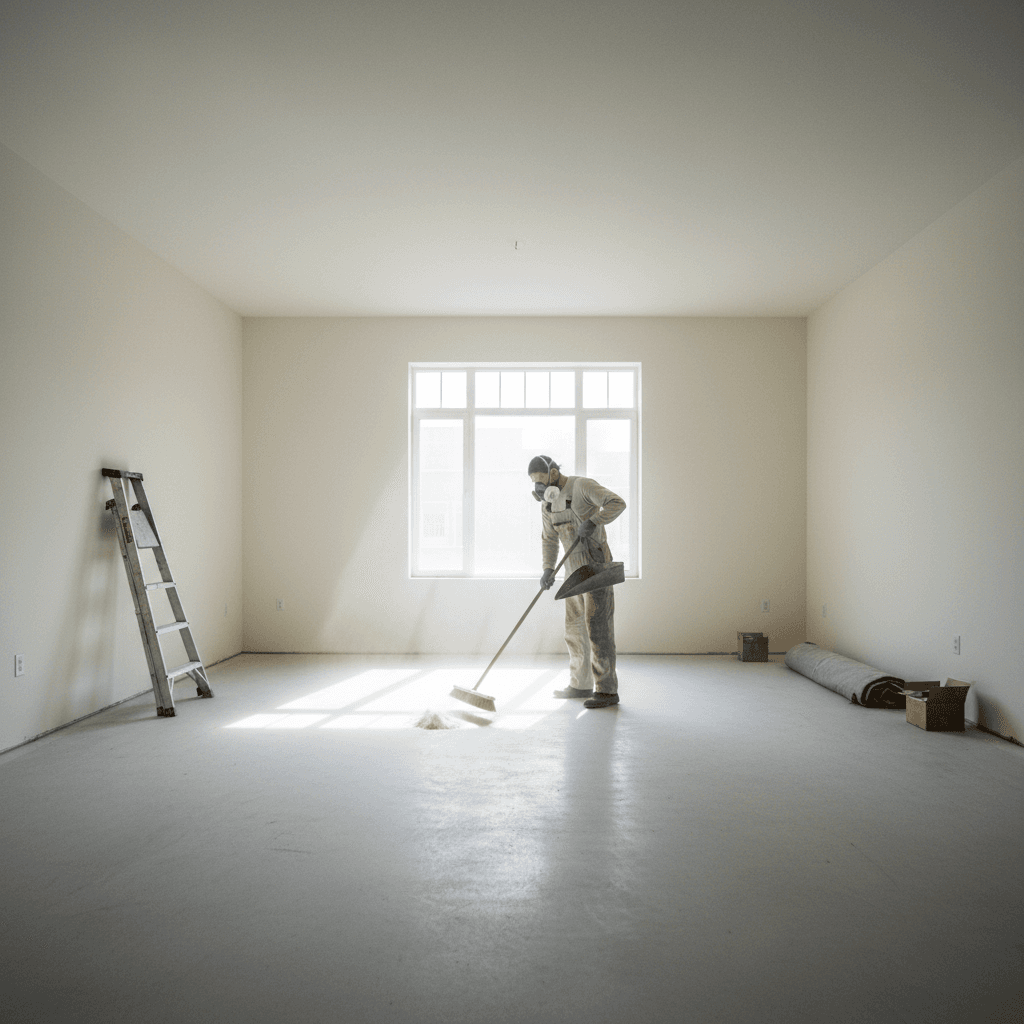 Worker sweeping an empty living room after a cleanout