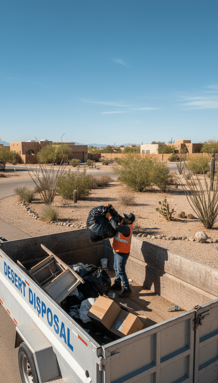 Worker loading trash into a dump trailer in a sunny desert neighborhood