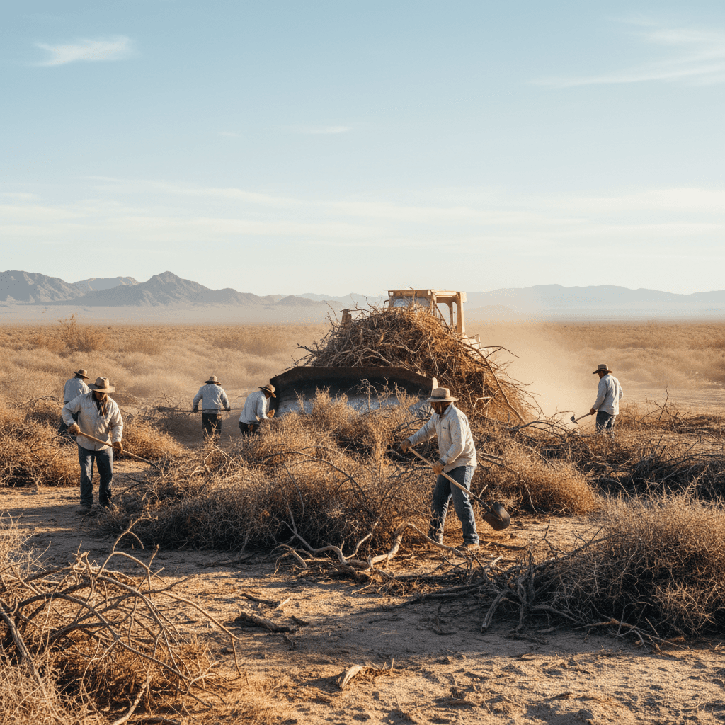 Worker clearing dense dry brush in a desert area