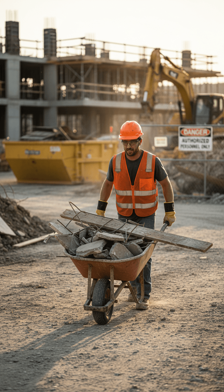 Worker in safety vest hauling debris from a construction site