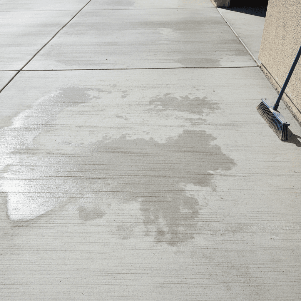 Freshly cleaned concrete driveway with visible broom finish