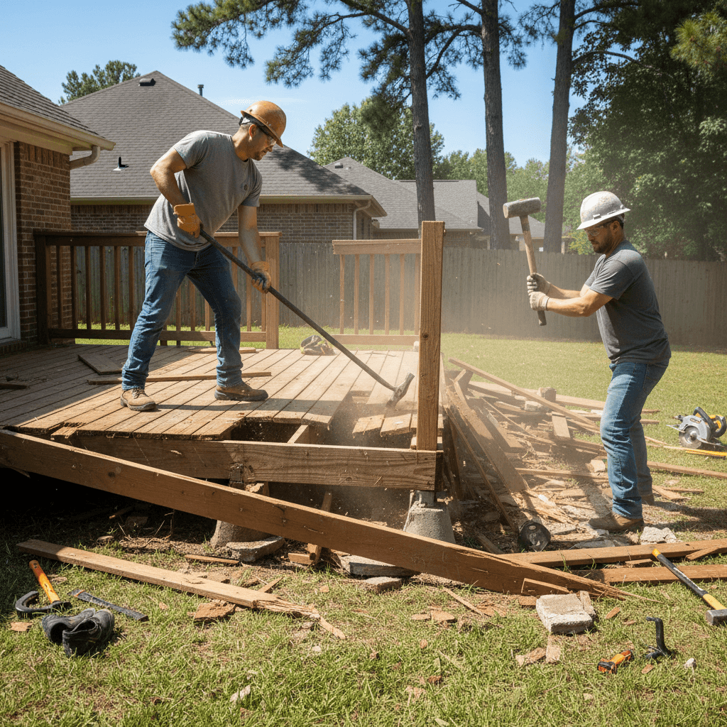 Workers demolishing a wooden deck with tools in a backyard