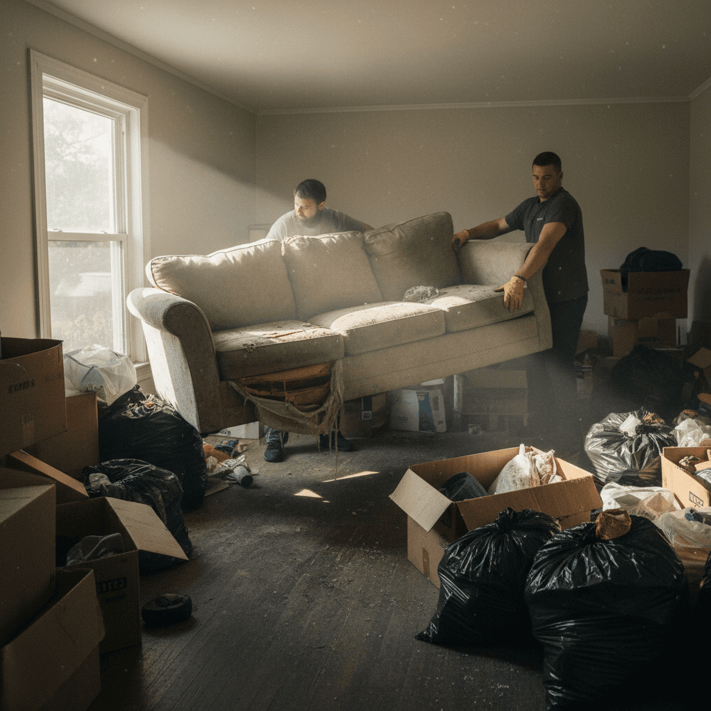 Work crew lifting an old sofa from a cluttered living room