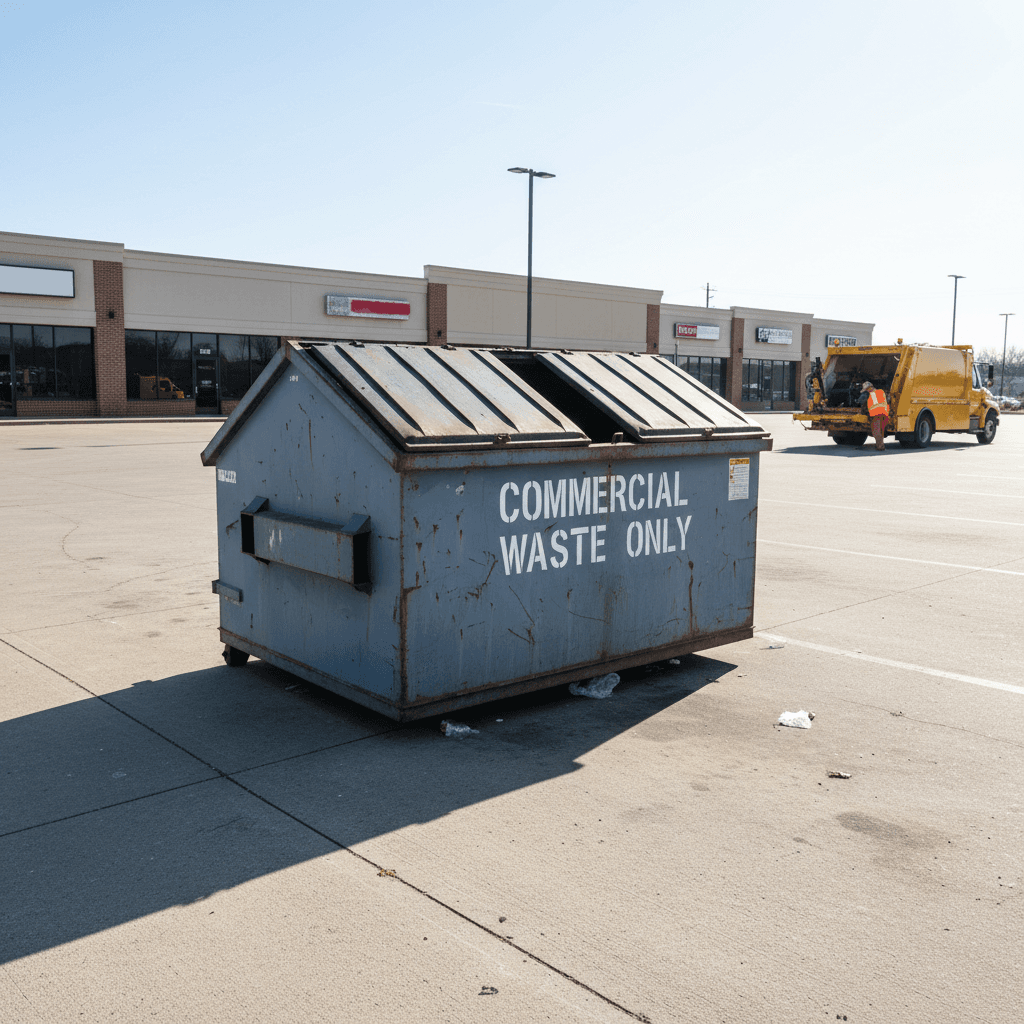 Empty dumpster in commercial parking lot ready for waste pickup