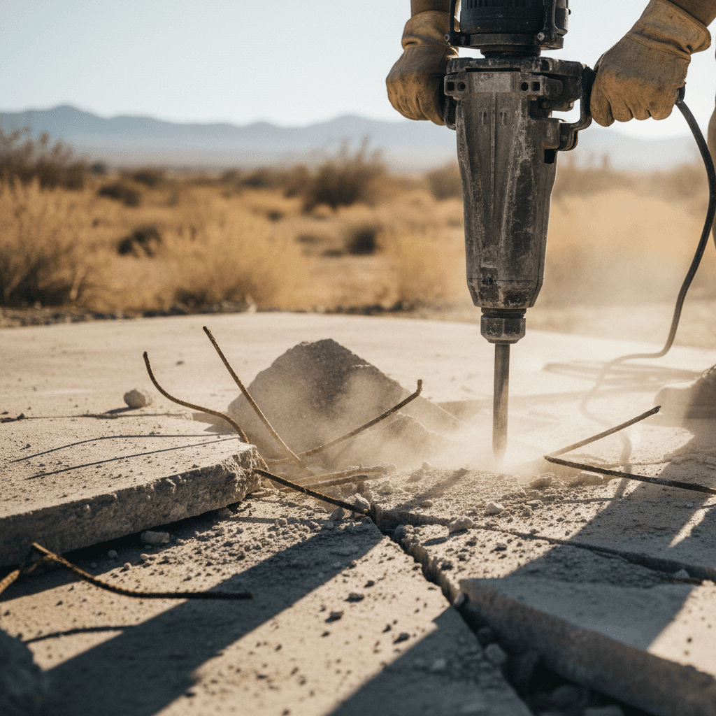 Worker using a jackhammer to break up a concrete patio slab