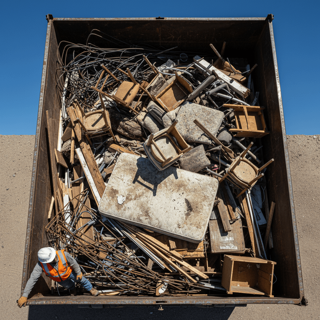 Dump trailer filled with broken furniture and debris