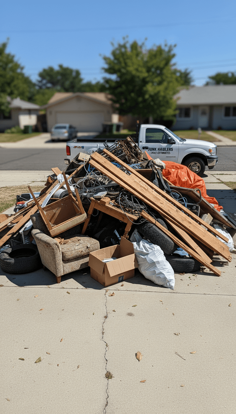 Pile of junk and debris in driveway ready for pickup