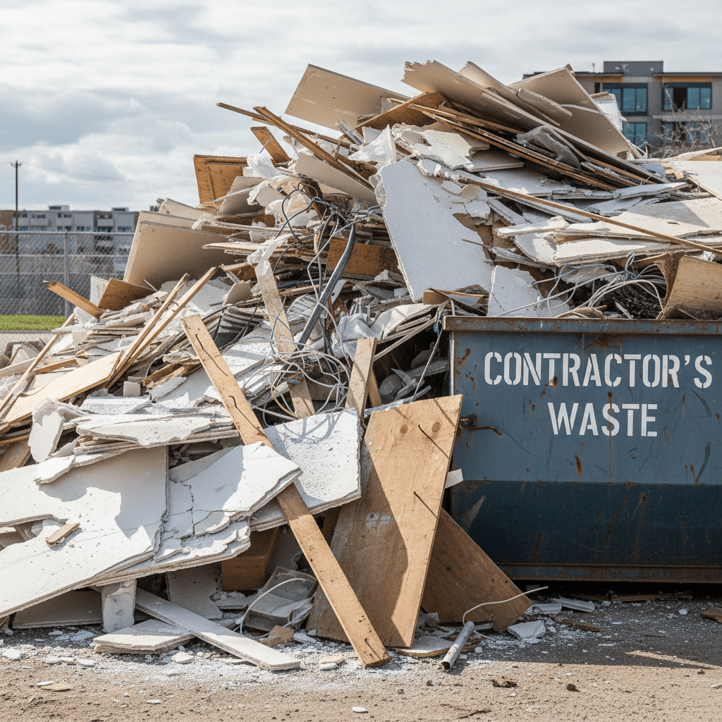 Pile of broken drywall, wood planks, and other construction waste
