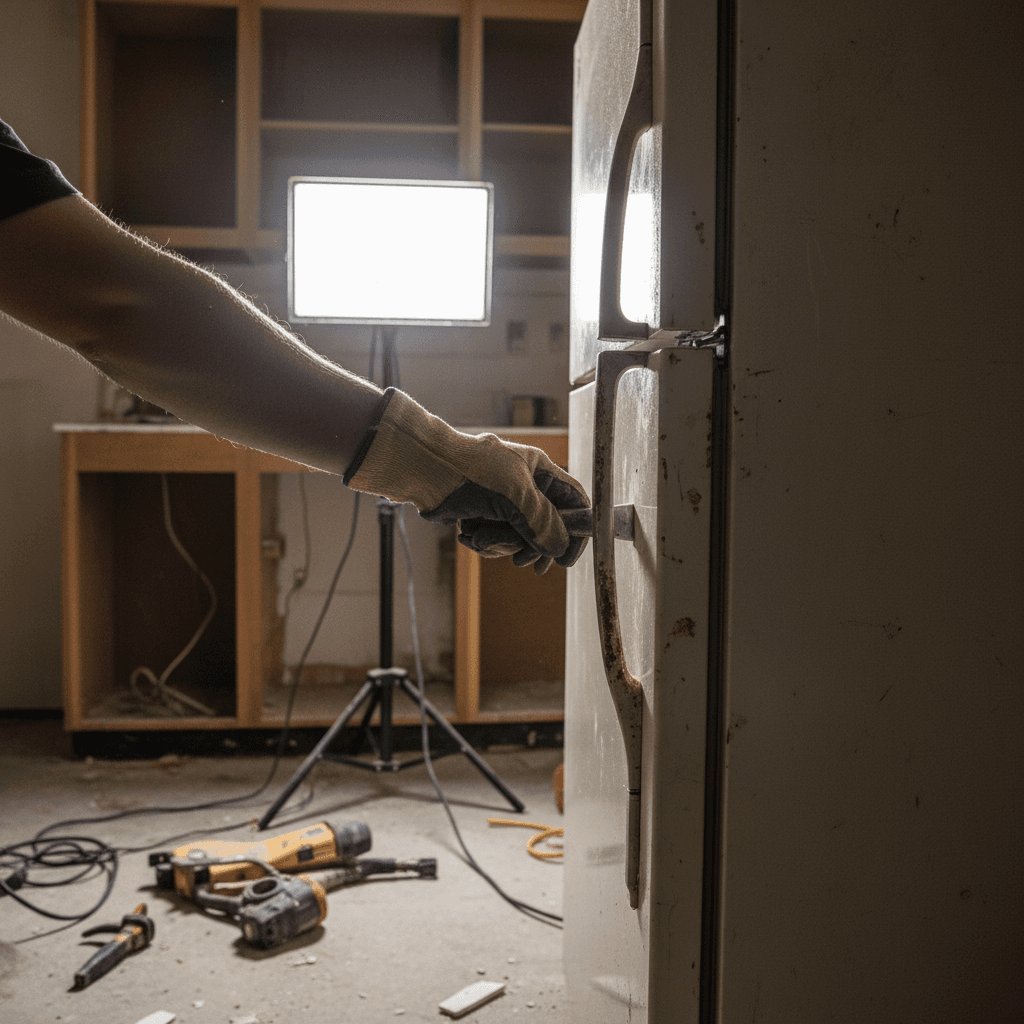 Worker pulling an old refrigerator out of a kitchen