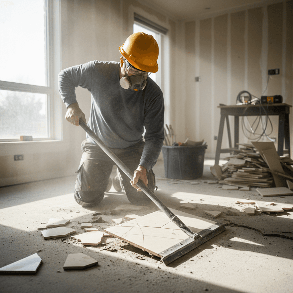 Worker prying up ceramic floor tiles with a scraper