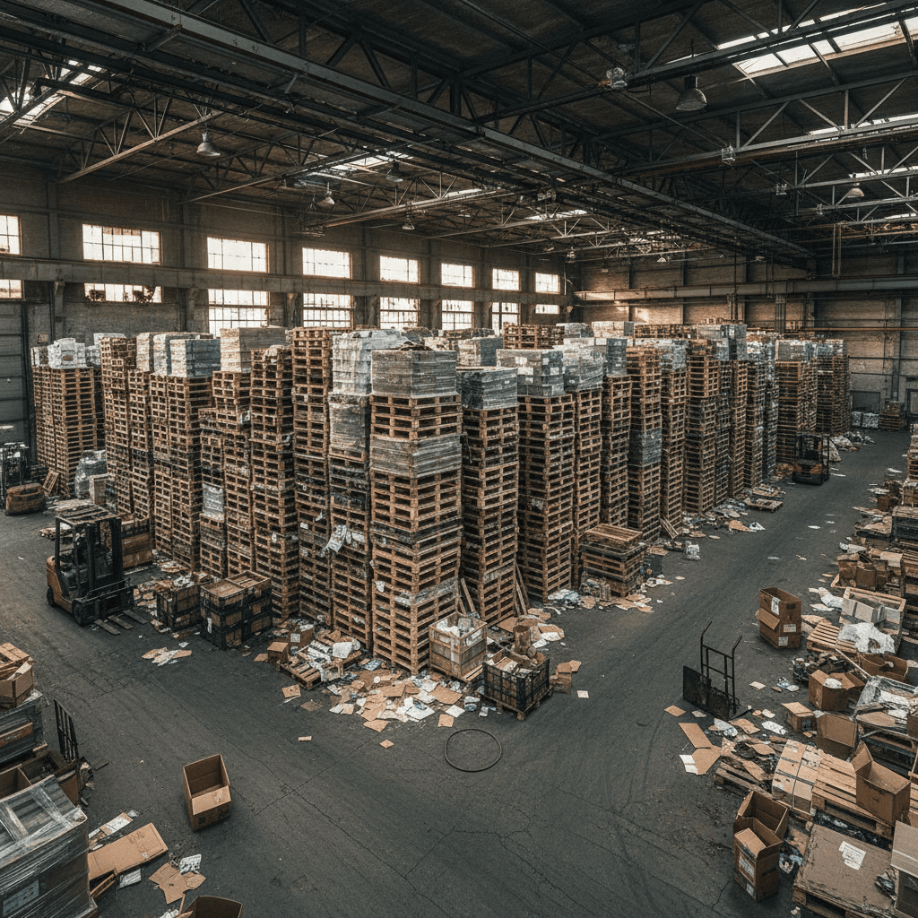 Large warehouse interior with stacked pallets and loose debris