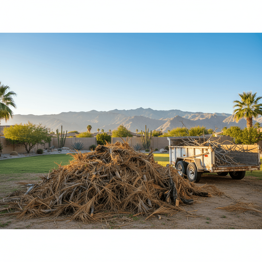 Pile of palm fronds and branches in a Coachella Valley backyard with a dump trailer