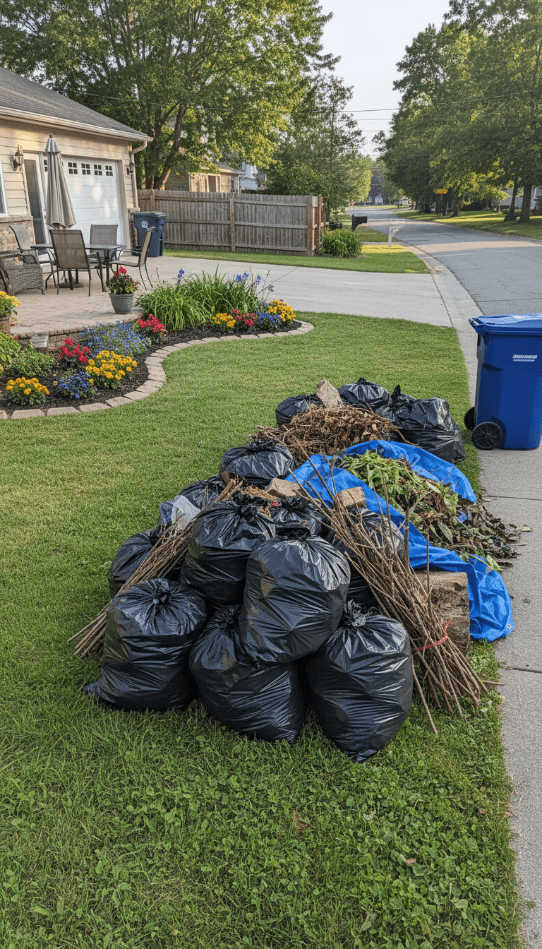 Clean backyard with trash bags and debris ready for pickup