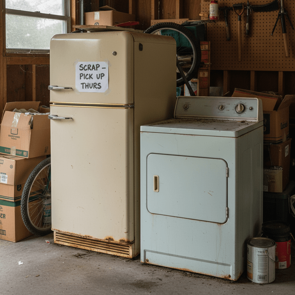 Old white refrigerator and washing machine in a residential garage