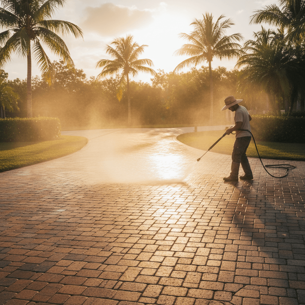 Worker pressure washing a paver driveway in the late afternoon
