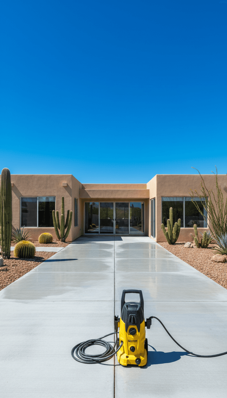 Freshly pressure washed concrete patio at a desert home