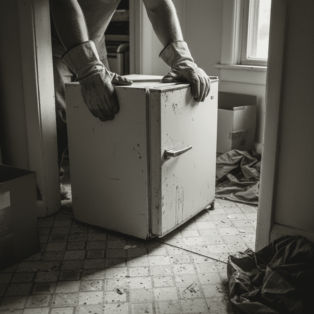 Worker carrying an old refrigerator out of a house