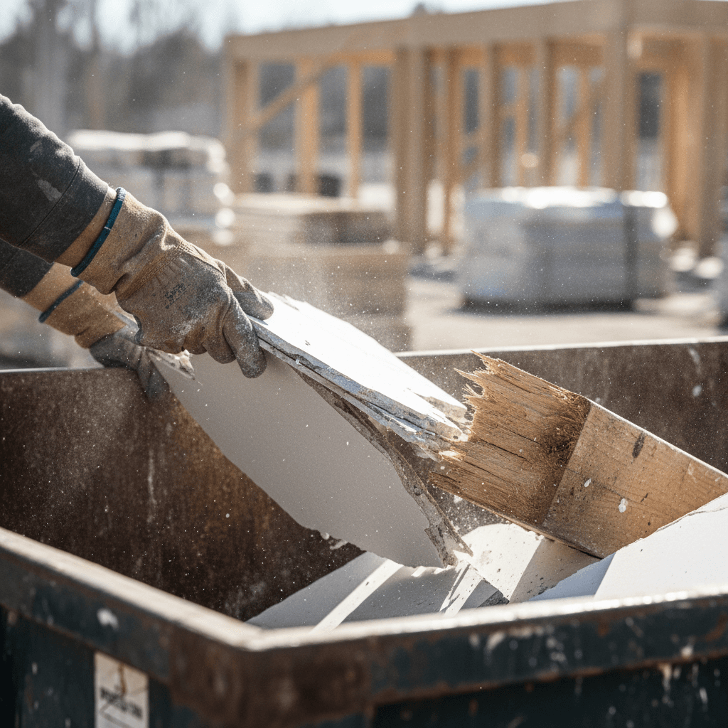 Worker's hands tossing construction debris into a dumpster