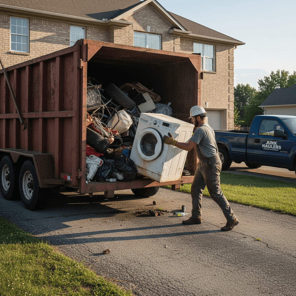 Worker loading junk into a dump trailer in a residential driveway