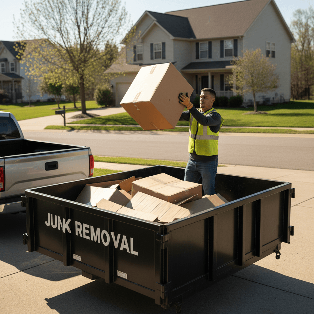 Worker loading cardboard boxes into dump trailer in driveway