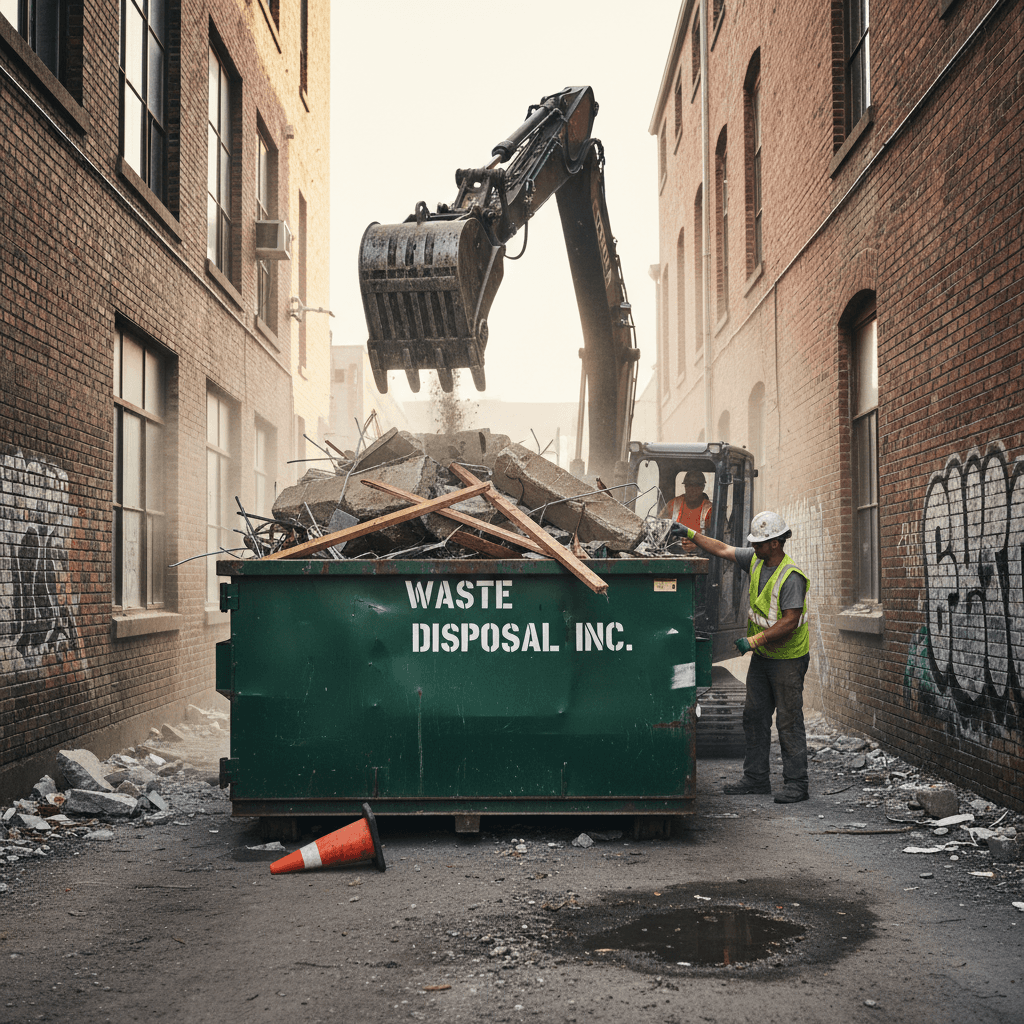 Worker loading a commercial dumpster full of debris