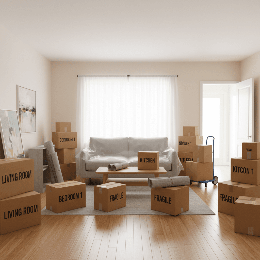 Staged room with furniture and boxes prepared for a cleanout