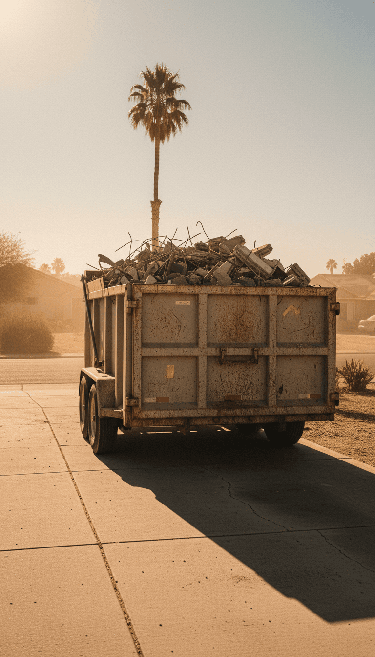 Dump trailer loaded with construction debris in a desert driveway