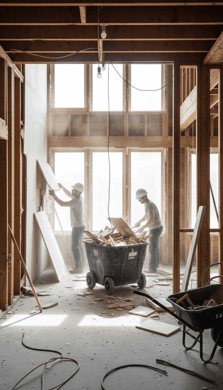 Interior demolition site with exposed studs and workers removing drywall