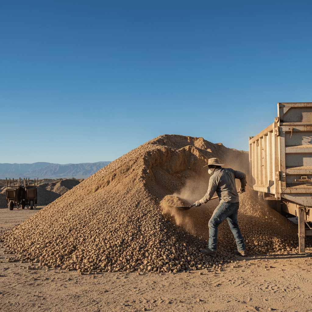 Shovel and dump trailer loaded with gravel and rock
