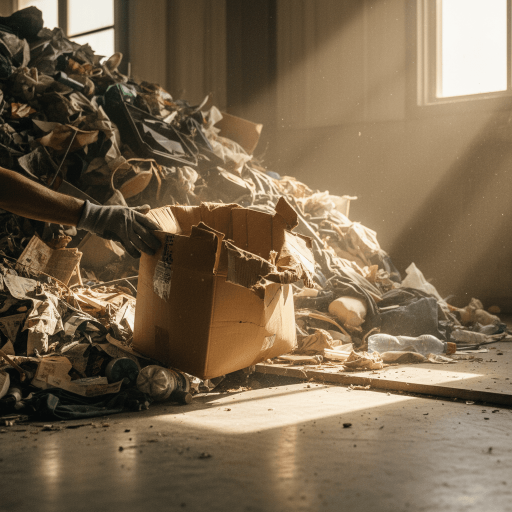 Work glove grabbing a cardboard box from a pile of household debris