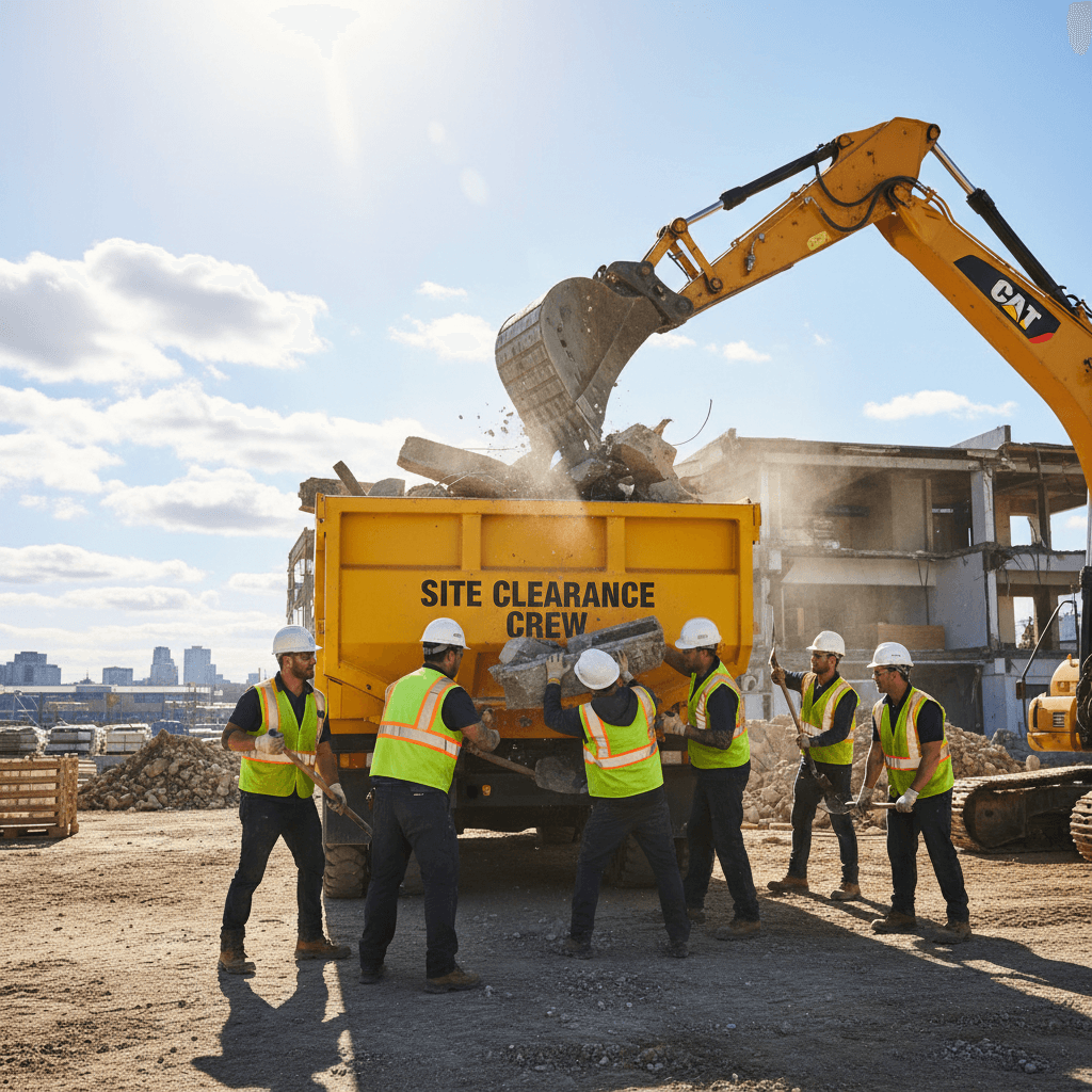 Workers loading debris into a dump trailer at a sunny construction site