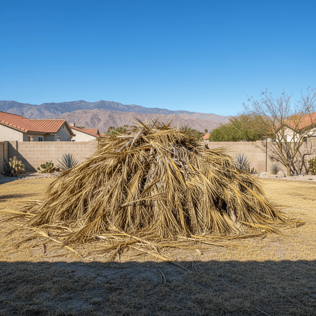 Stack of dried palm fronds piled in a sunny yard