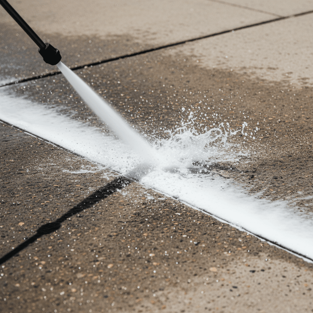 Close-up of pressure washing a dirty concrete driveway