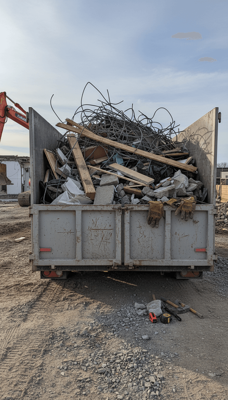 Construction debris piled high in a dump trailer, ready for hauling away