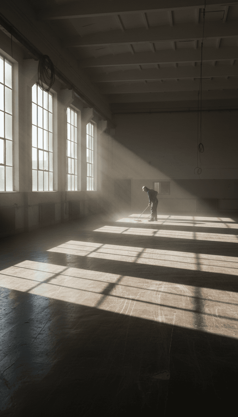 Worker sweeping a bare concrete floor in a fully cleared room