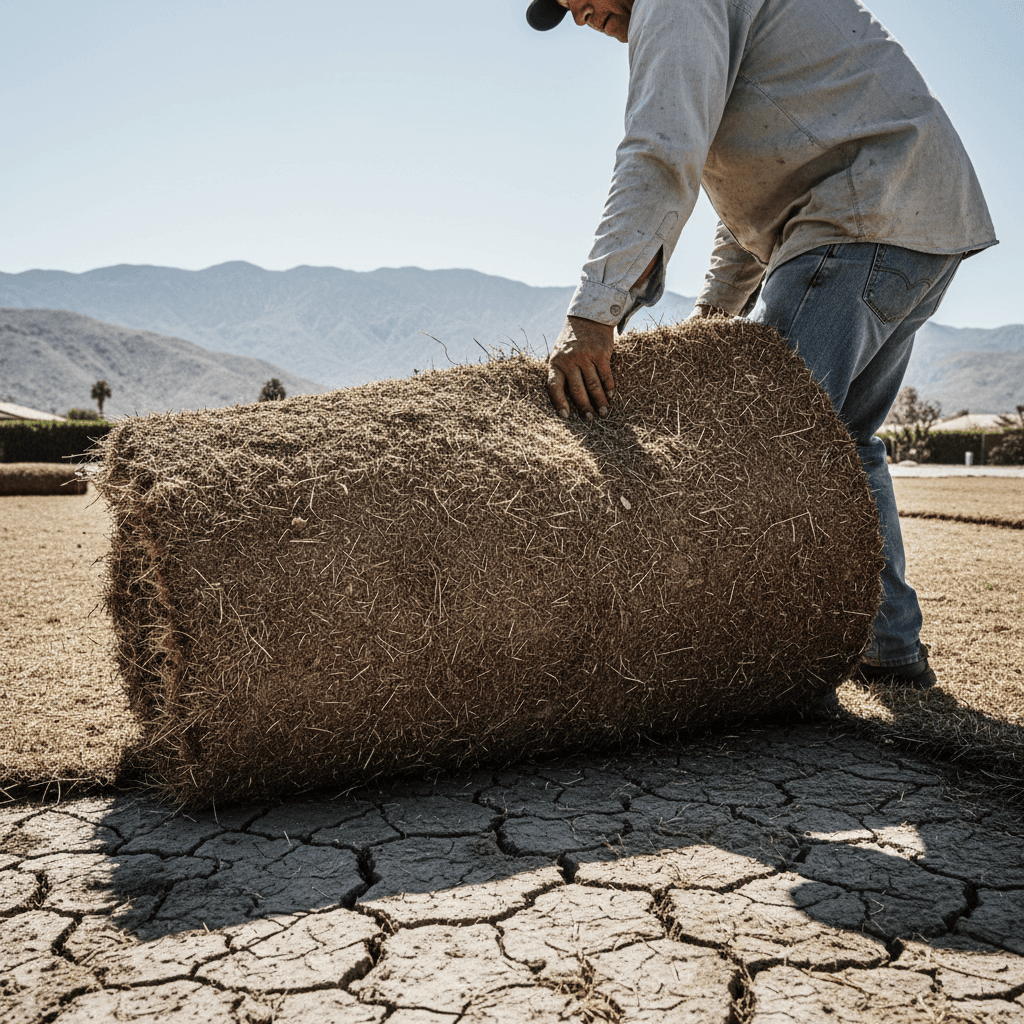 Worker rolling up old sod in a desert yard