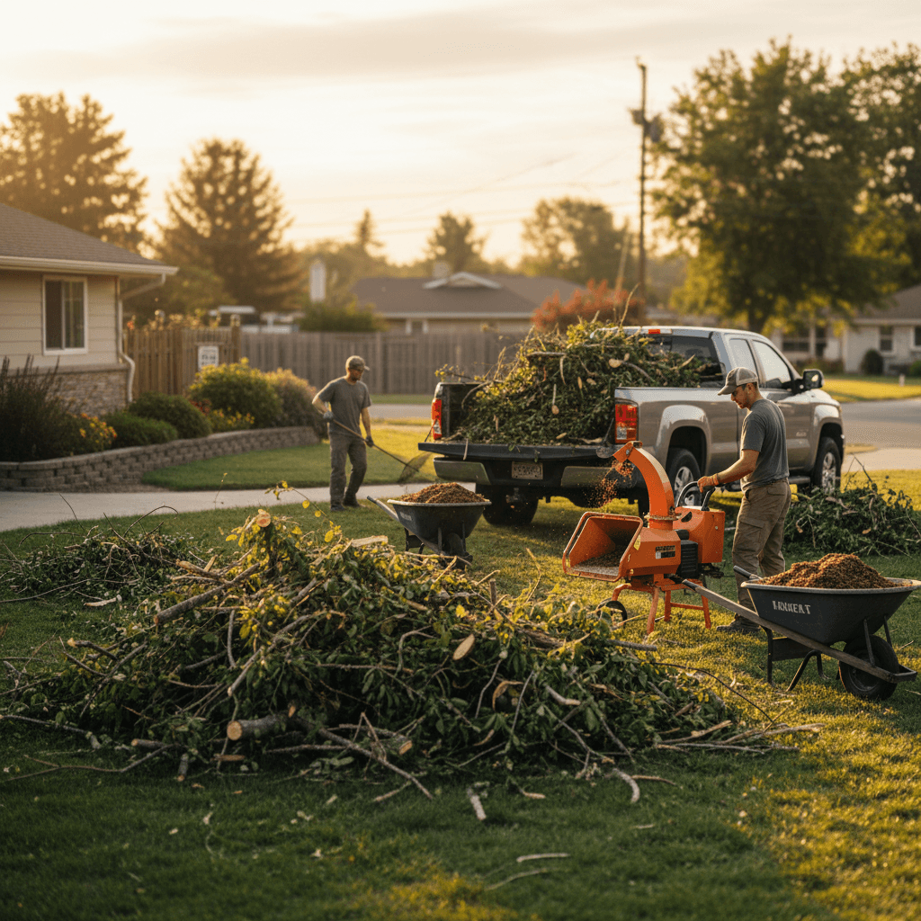 Pile of branches and yard trimmings being cleared