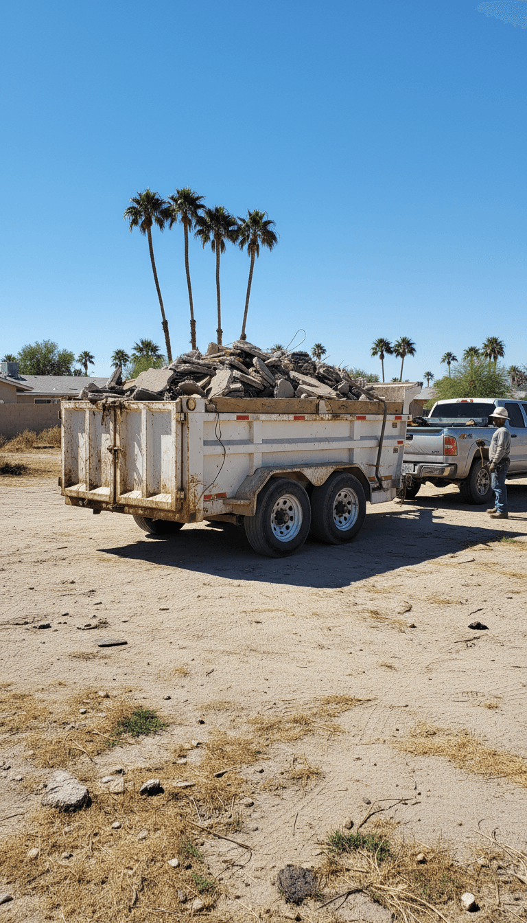 Dump trailer loaded with broken concrete rubble ready for haul-off