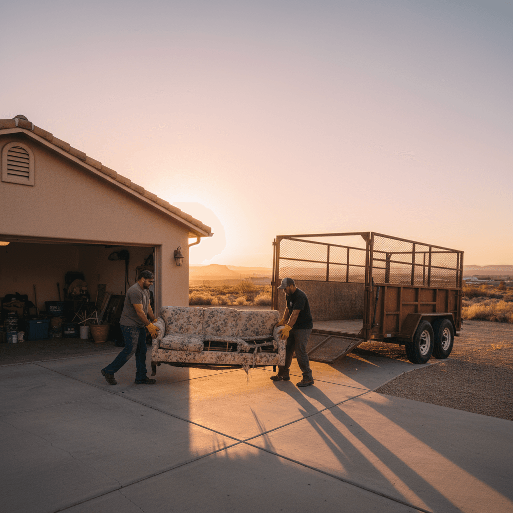 Workers hauling a sofa from a garage toward a dump trailer