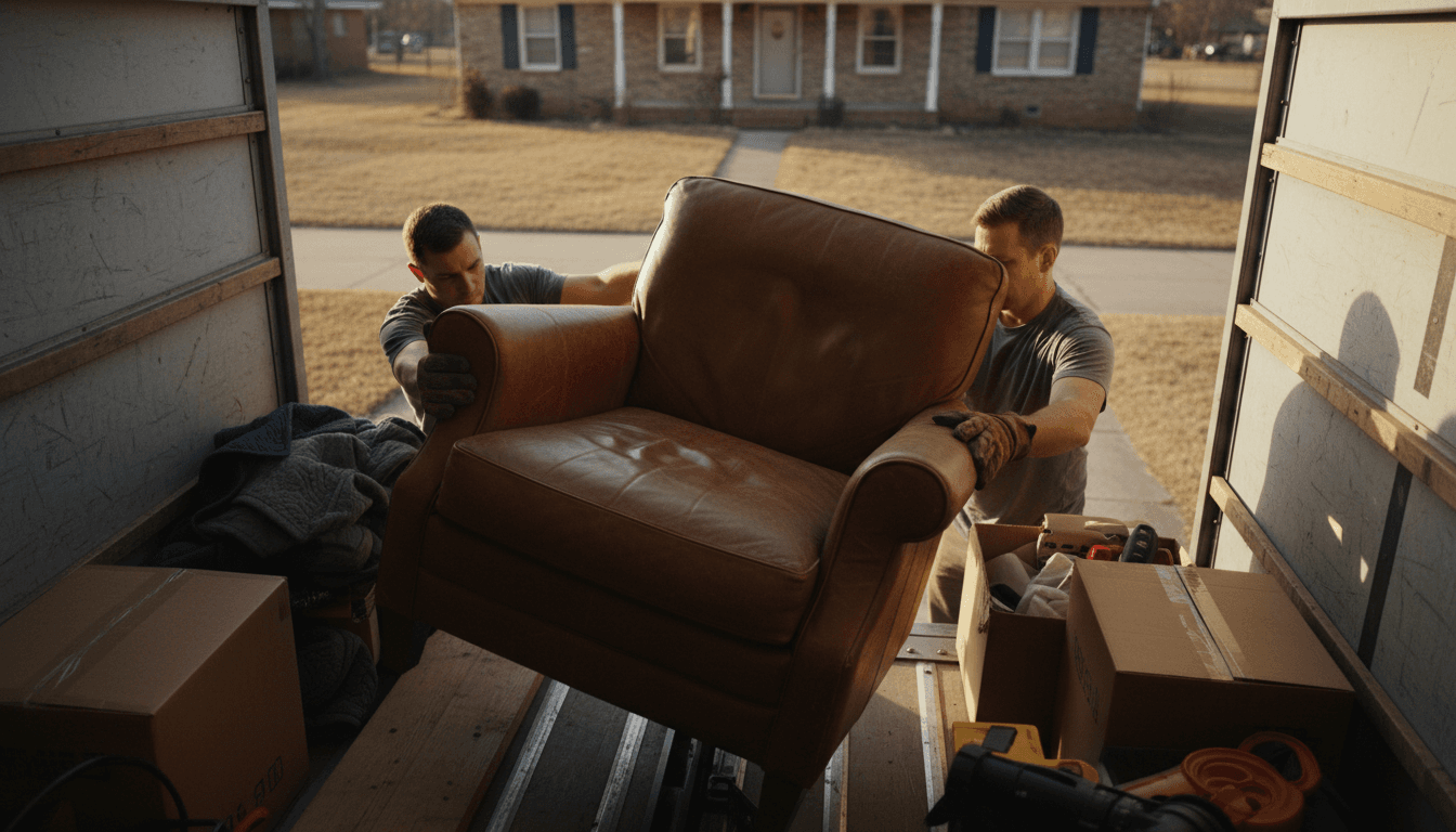 Worker loading old furniture into a dump truck bed