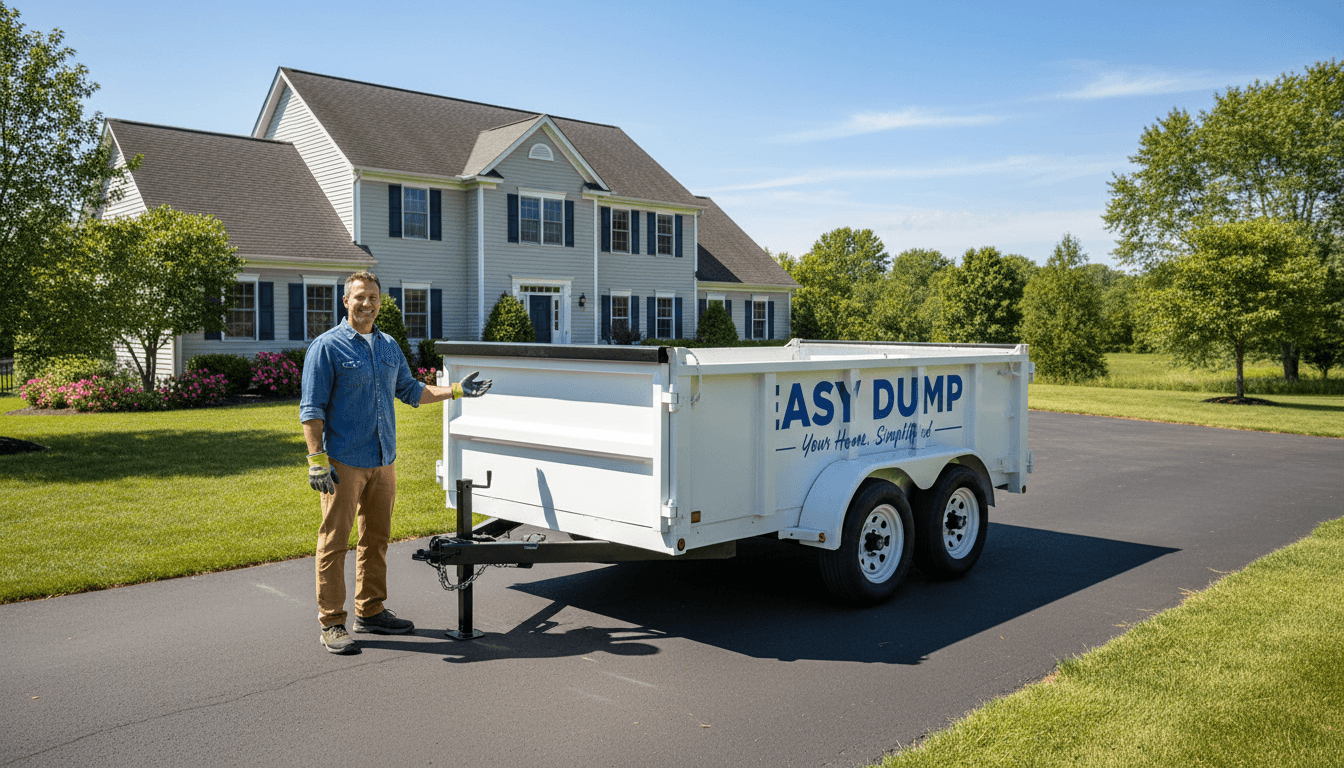 Worker loading construction debris into a dump trailer