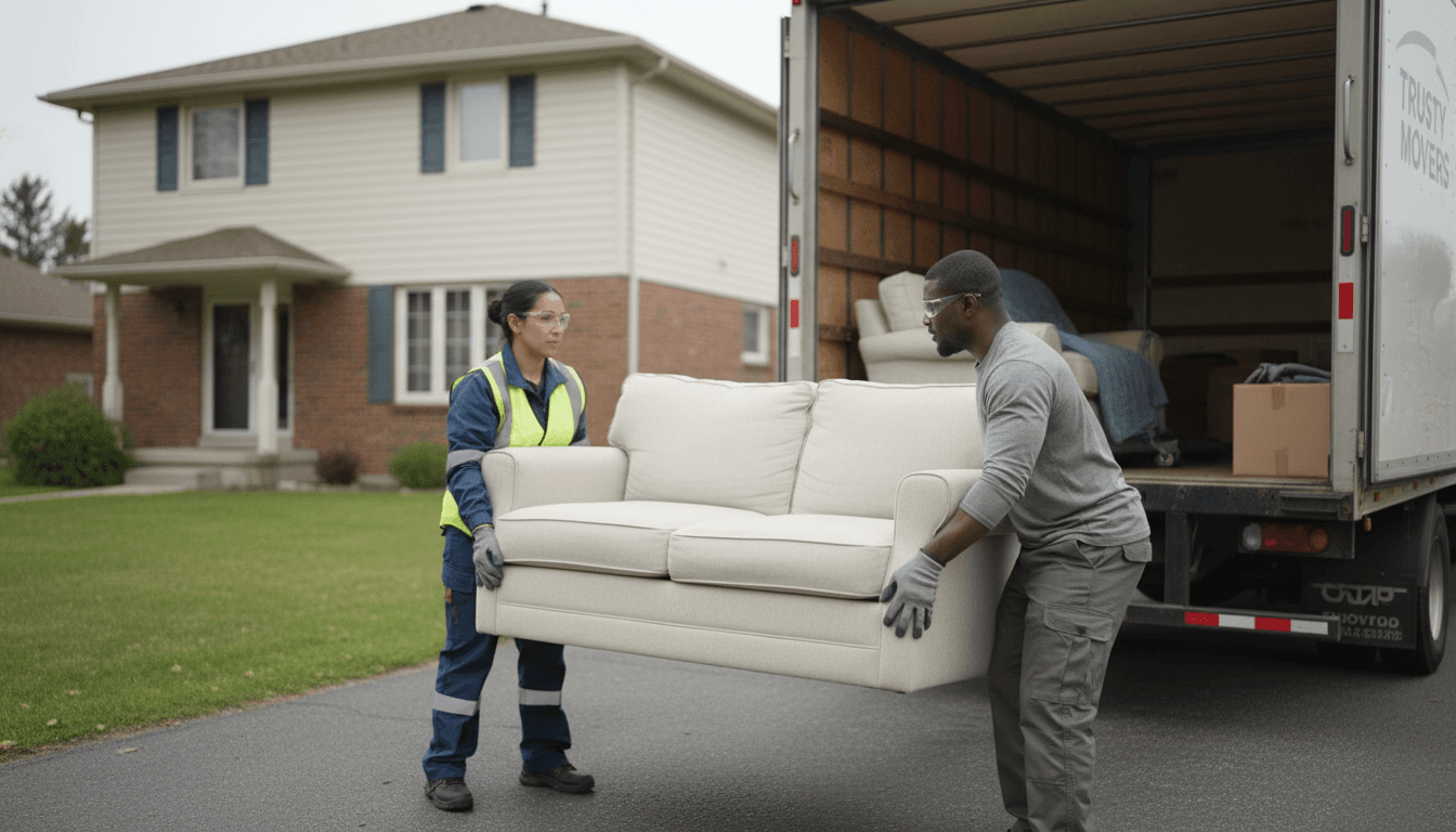 Worker carrying an old sofa down a driveway to a hauling truck