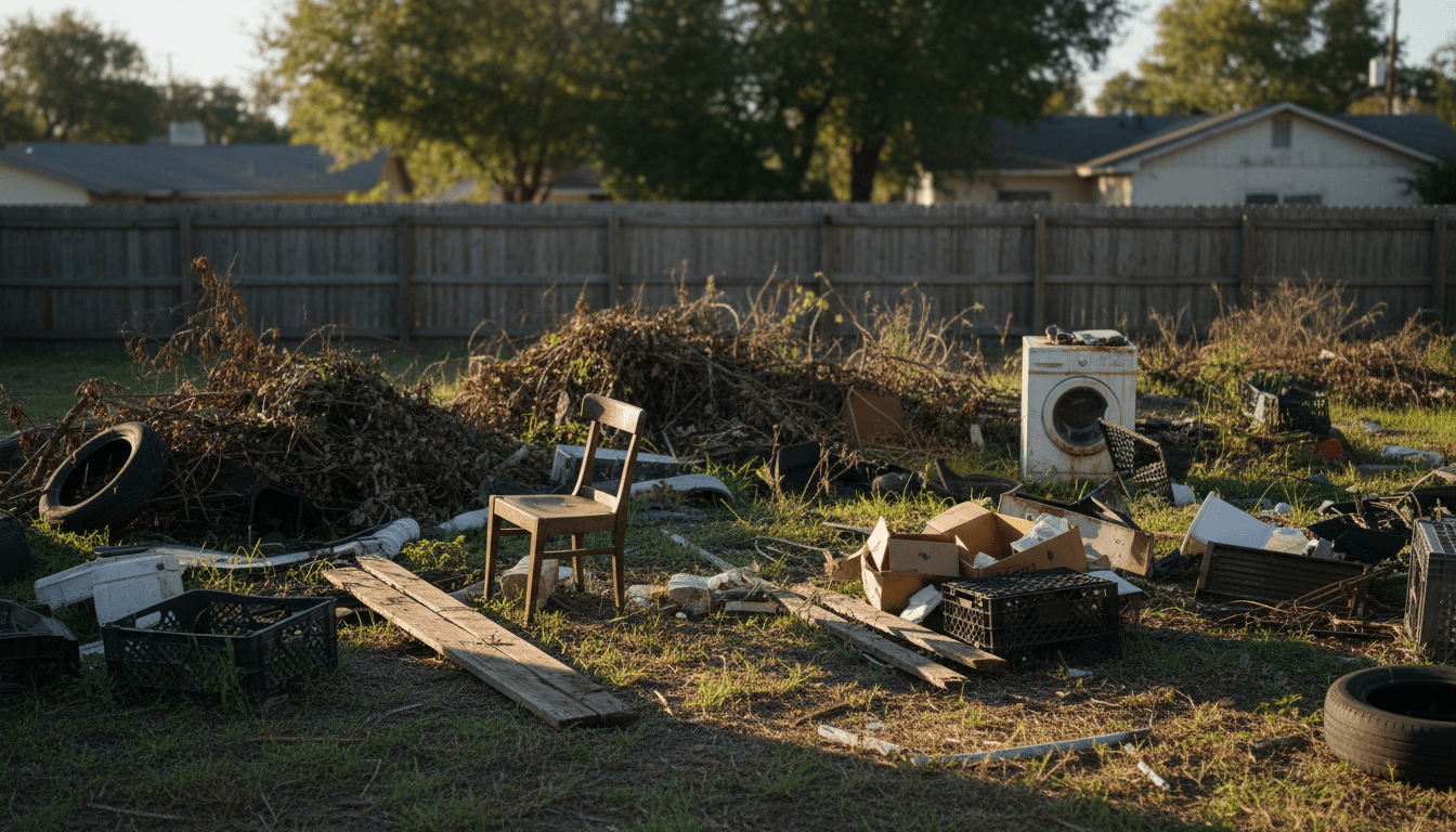 Worker clearing piles of yard waste and scrap lumber from a backyard