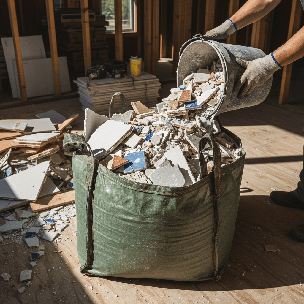 Pile of construction debris including drywall, wood planks, and ceramic tile