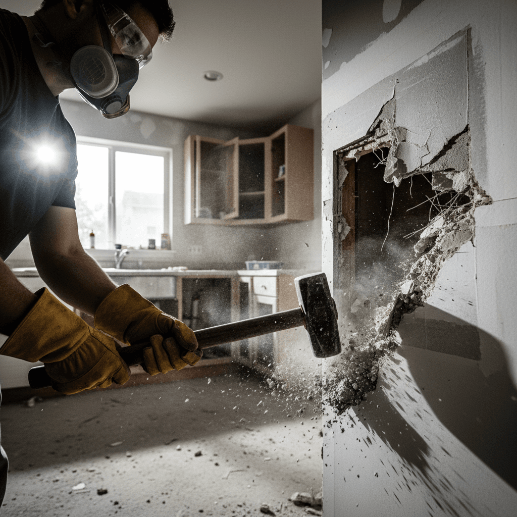 Crew member swinging sledgehammer into drywall during a kitchen tear-out in Palm Desert