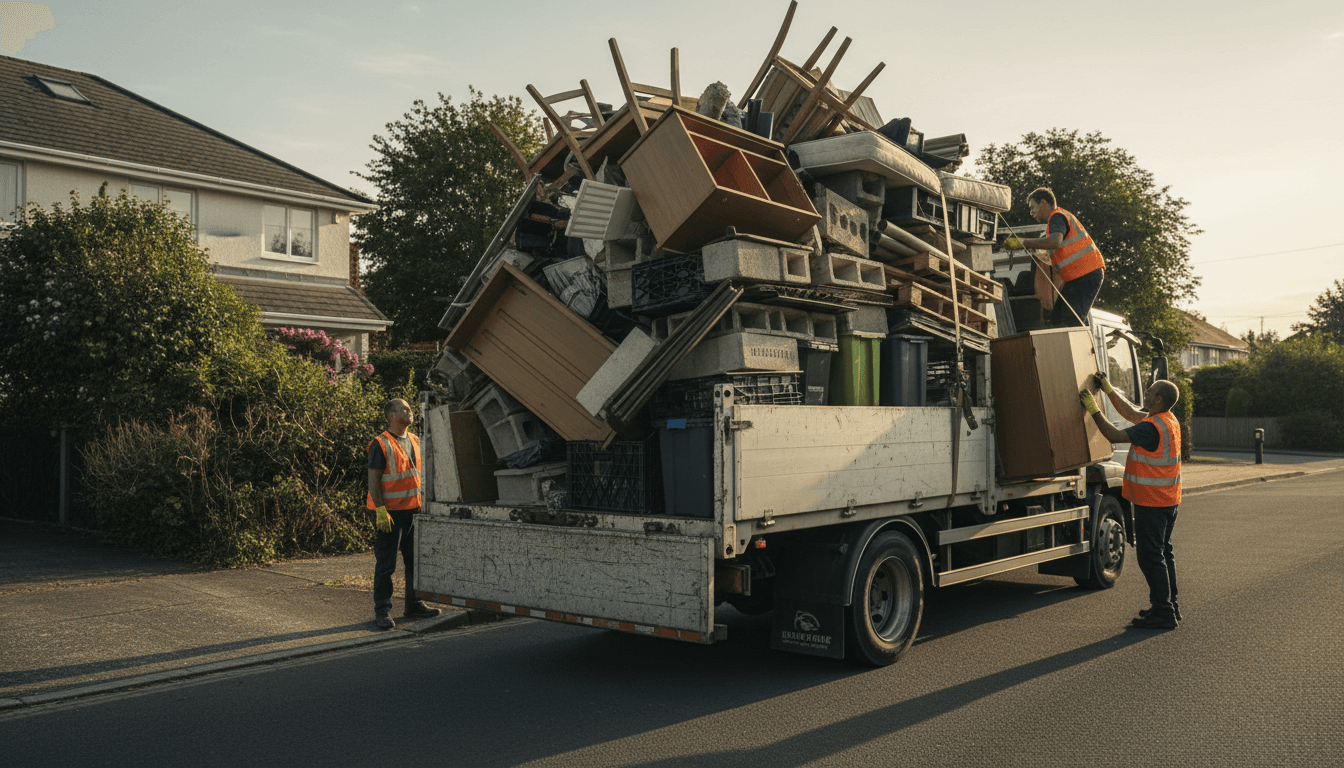 Flatbed truck loaded with demolition debris on a dusty desert property