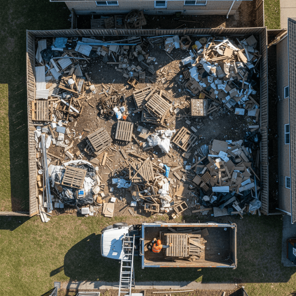 Worker loading construction debris into a dump trailer