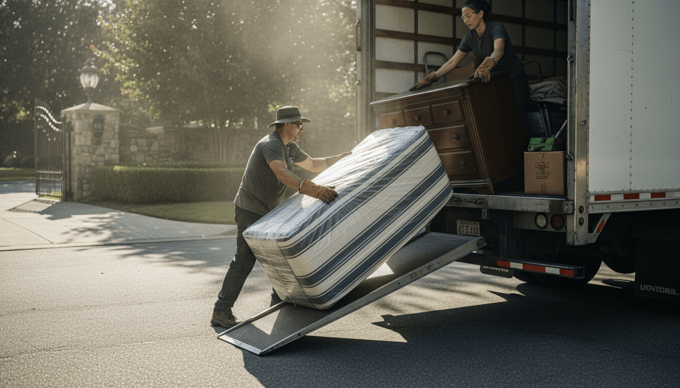 Worker loading large items into a dump trailer at a residential property