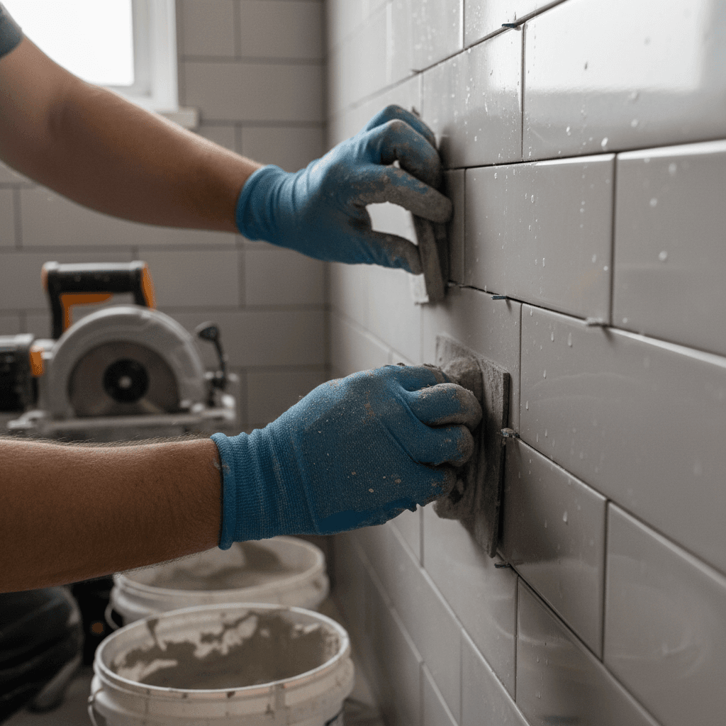 Stacked tile, mortar, and debris from a bathroom tear-out cleared and staged for hauling