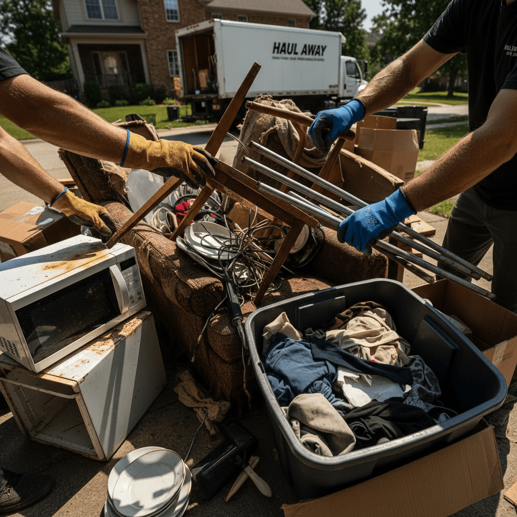 Crew member removing debris from a home renovation site